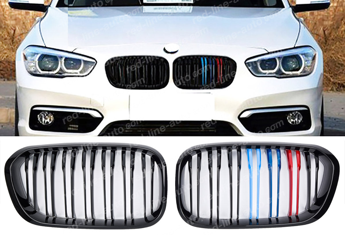 Facelift BMW 1 Series F20 F21 Hatchback M-Power M140i Grille, Black Double-Bar with Tri-Colour