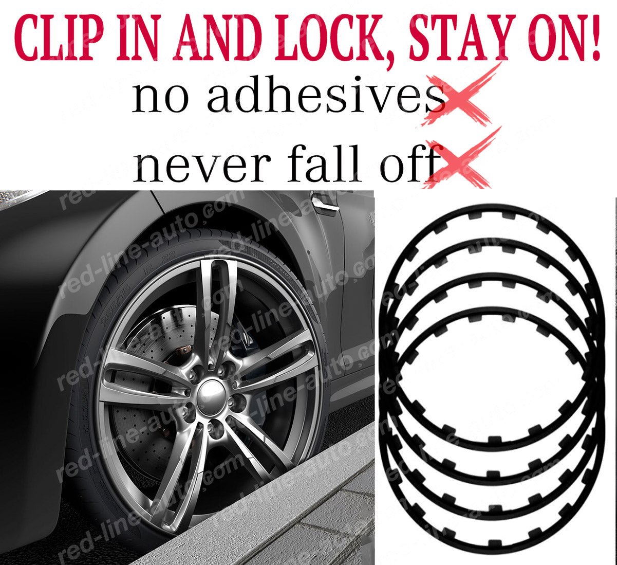 17" inch Black 4 Alloy Wheel Protectors ROBUST Rim Guard Clip - in and Lock non - adhesive - red - line - auto