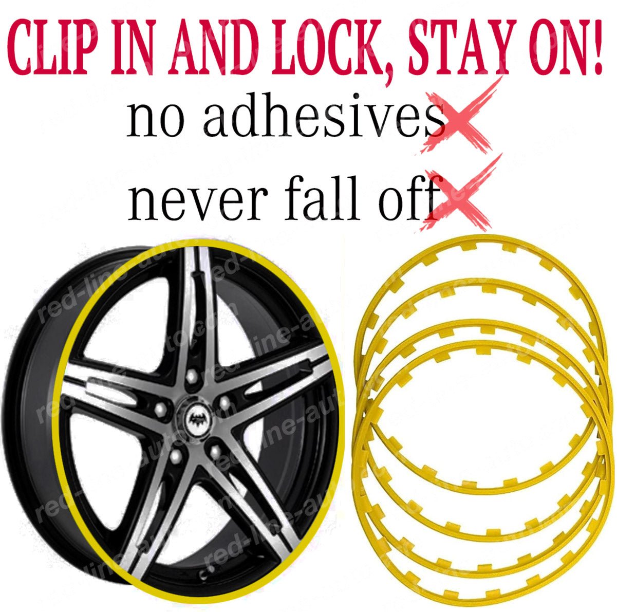 17" inch Yellow 4 Alloy Wheel Protectors ROBUST Rim Guard Clip - in and Lock non - adhesive - red - line - auto