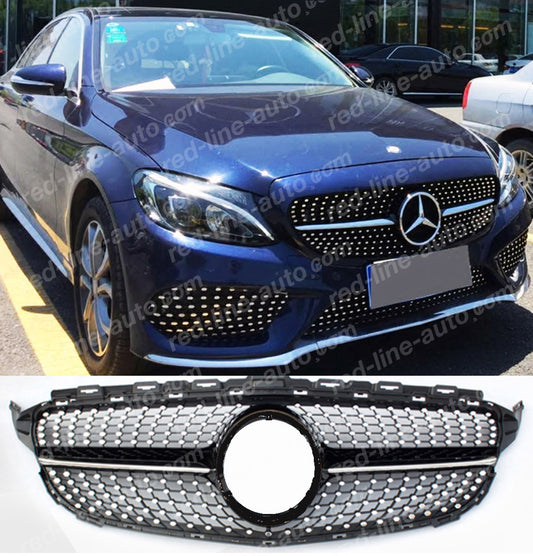 Pre-Facelift Mercedes W205 C-Class Saloon S205 Estate C205 Coupe A205 Convertible Black AMG Grille, Chrome Diamond No-Camera