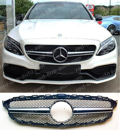 Pre-Facelift Mercedes W205 C-Class S205 C205 A205 Black AMG C63 Grille, Matte Chrome Single Bar No-Camera