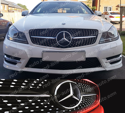 Mercedes W204 C-Class Saloon S204 Estate A204 Coupe AMG Black Front Grille, Chrome Diamond