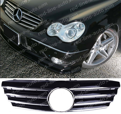 Mercedes W203 C-Class Saloon S203 Estate AMG Sport Black Grille with Star, Chrome Blades