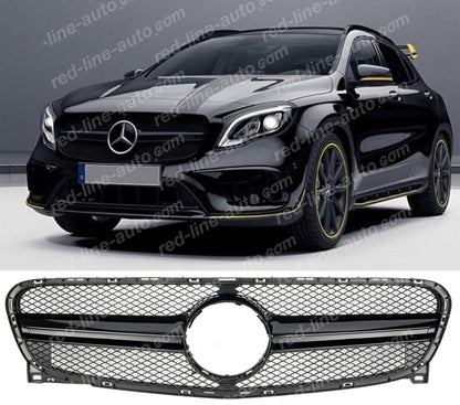 Pre-facelift Mercedes X156 GLA-Class SUV AMG GLA45 Single-bar Front Grille, Full Gloss Black