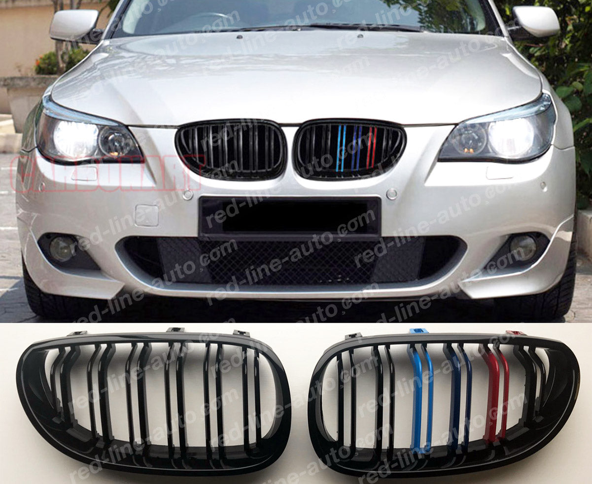 BMW 5 Series E60 Saloon E61 Estate Dual-Slat Grille, Gloss Black with M-Power Tri-Colours