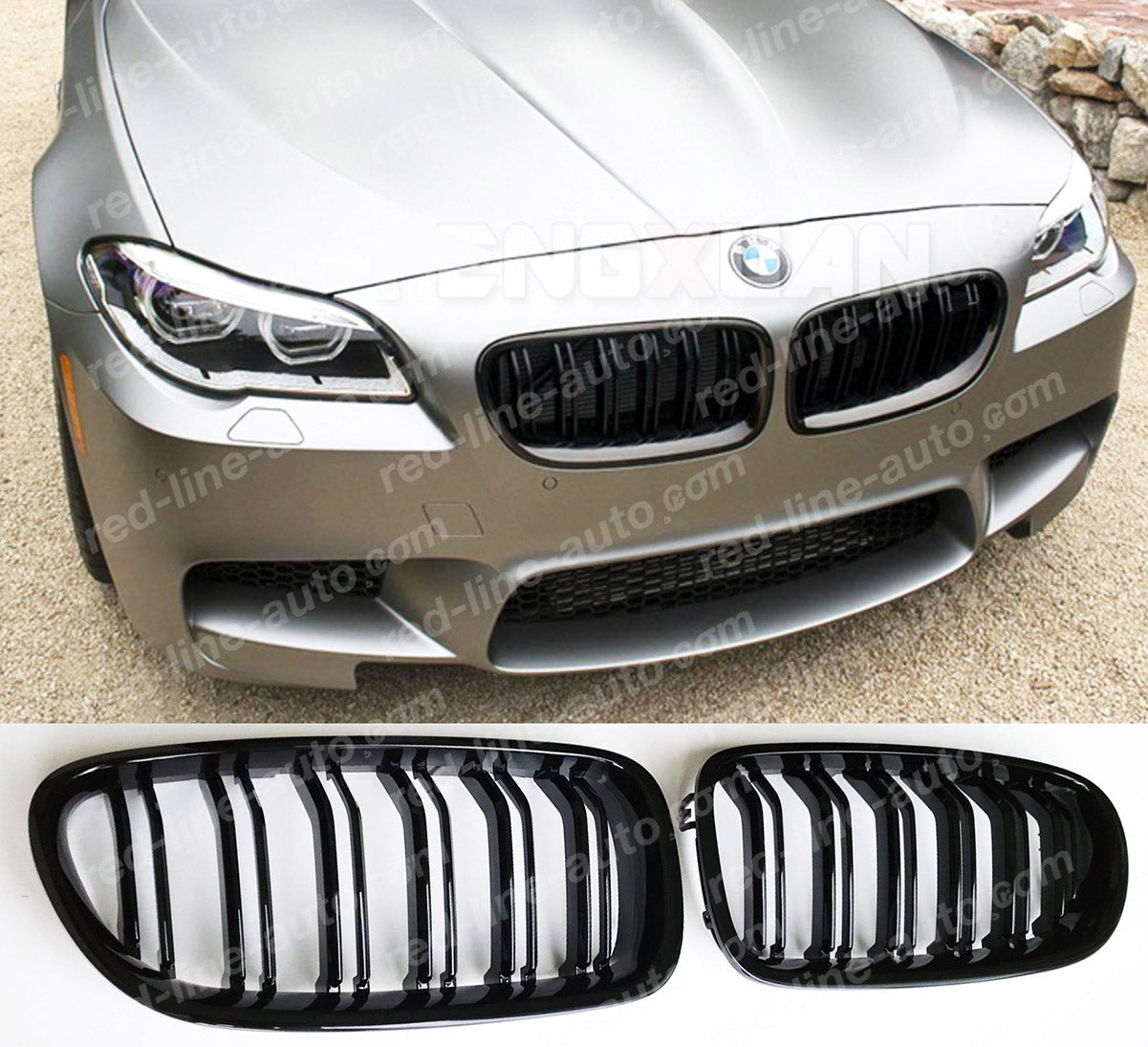 BMW 5 Series F10 Saloon F11 Estate M-Performance Front Grille, Full Gloss Black Dual-slat