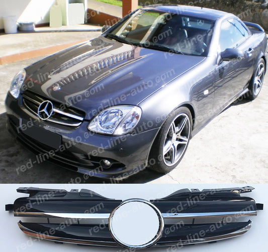 Mercedes R170 SLK Roadster AMG Front Grille, Gloss Black with Chrome Single-fin