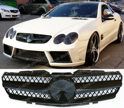 Pre-Facelift Mercedes R230 SL-Class Roadster AMG Grille, Full Gloss Black Singe-fin