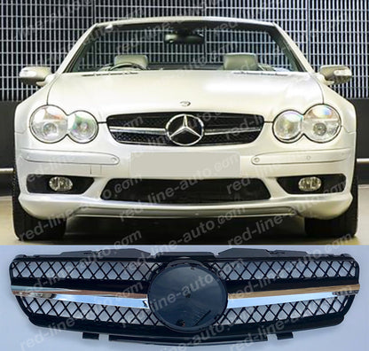 Pre-Facelift Mercedes R230 SL-Class Roadster AMG Grille, Black with Chrome Singe-fin