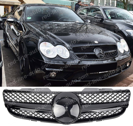 2006+ Facelift Mercedes R230 SL-Class Roadster AMG Grille, Full Gloss Black Singe-fin