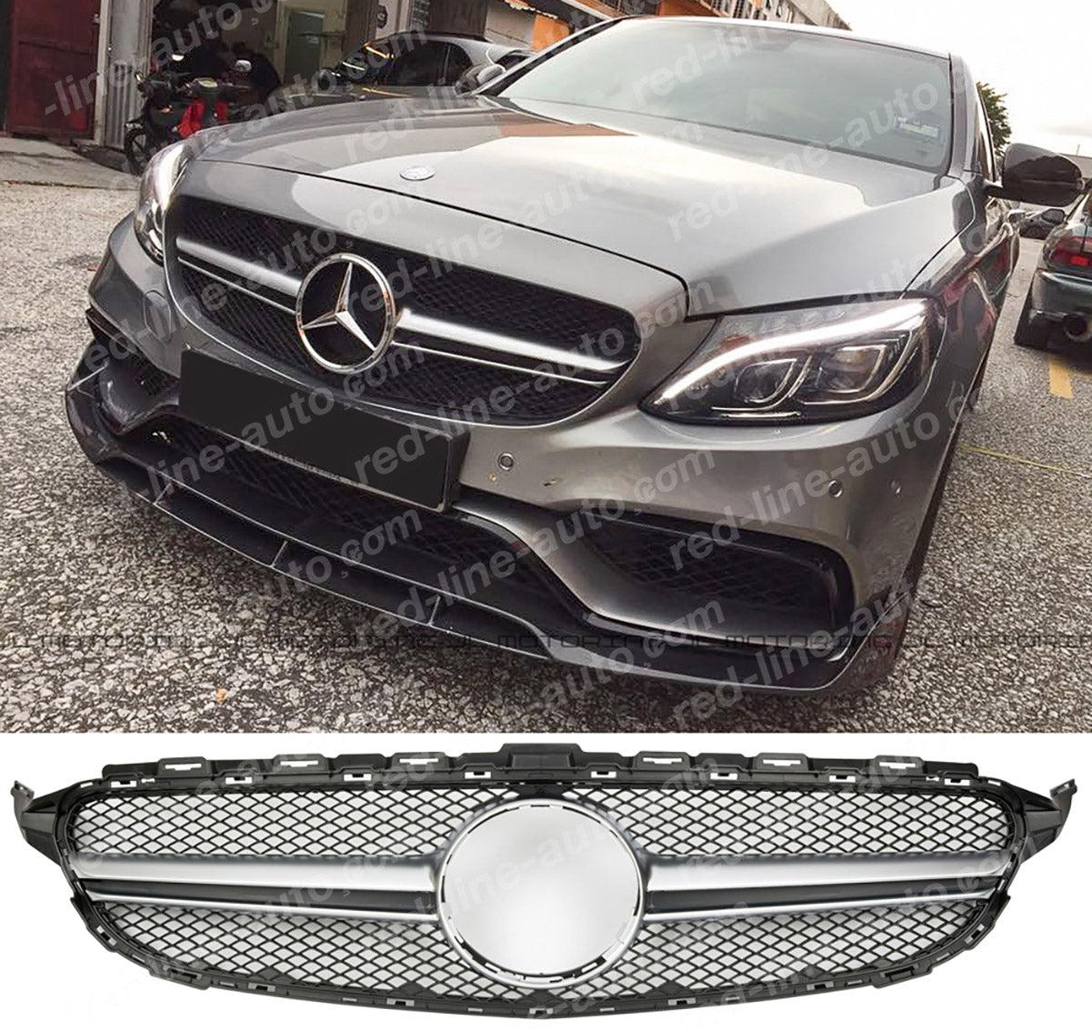 Pre-Facelift Mercedes W205 C-Class S205 C205 A205 Black AMG C63 Grille, Matte Chrome Single Bar No-Camera