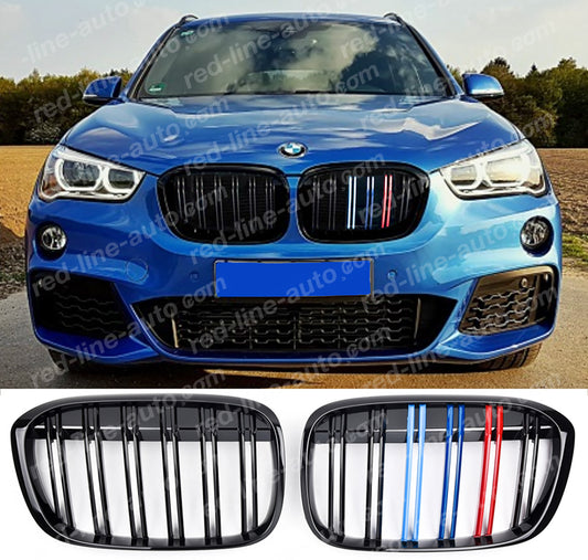 Pre-Facelift BMW X1 F48 SUV Dual-slat Front Grille, Black With M-Power Tri-Colours