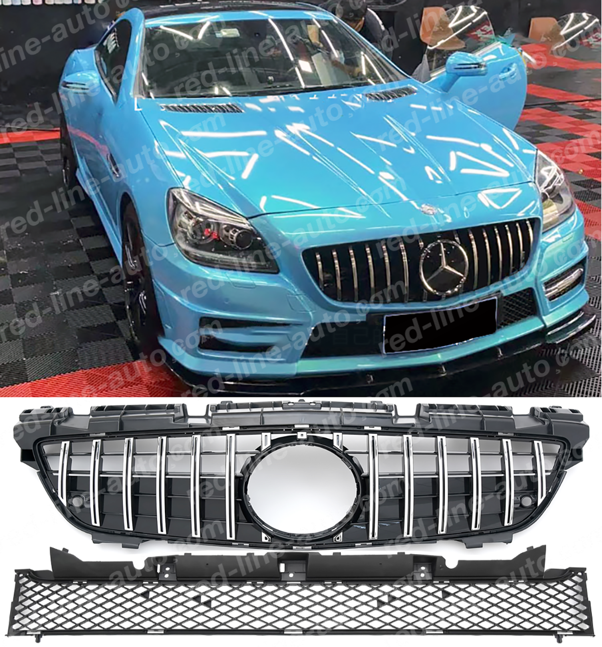 Mercedes R172 SLK Roadster Black SLK55 AMG GT Front Grille, Chrome Panamericana Slat