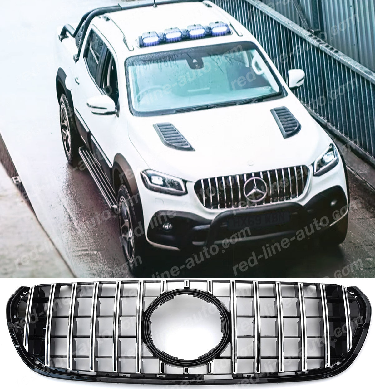 Mercedes W470 BR470 X-Class Pickup Truck Black AMG GT Front Grille, Chrome Panamericana Slat