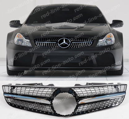 2008+ Facelift Mercedes R230 SL-Class Roadster AMG Grille, Black With Chrome Diamond