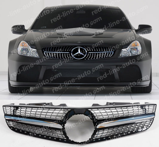 2008+ Facelift Mercedes R230 SL-Class Roadster AMG Grille, Black With Chrome Diamond