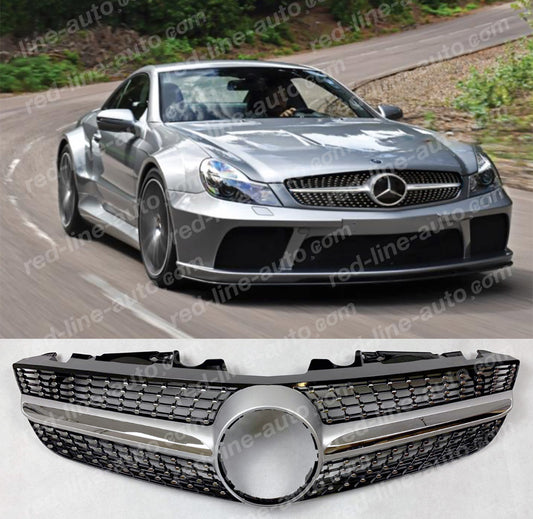 2008+ Facelift Mercedes R230 SL-Class Convertible AMG Iridium Silver Grille, Chrome Diamond