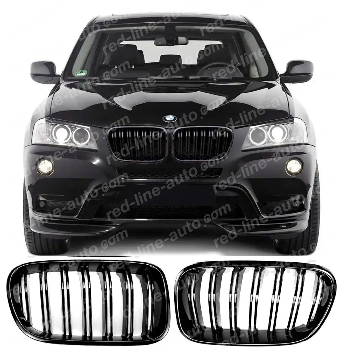 Pre-Facelift BMW F25 X3 SUV M-Performance Front Grille, Full Gloss Black Double-Bar