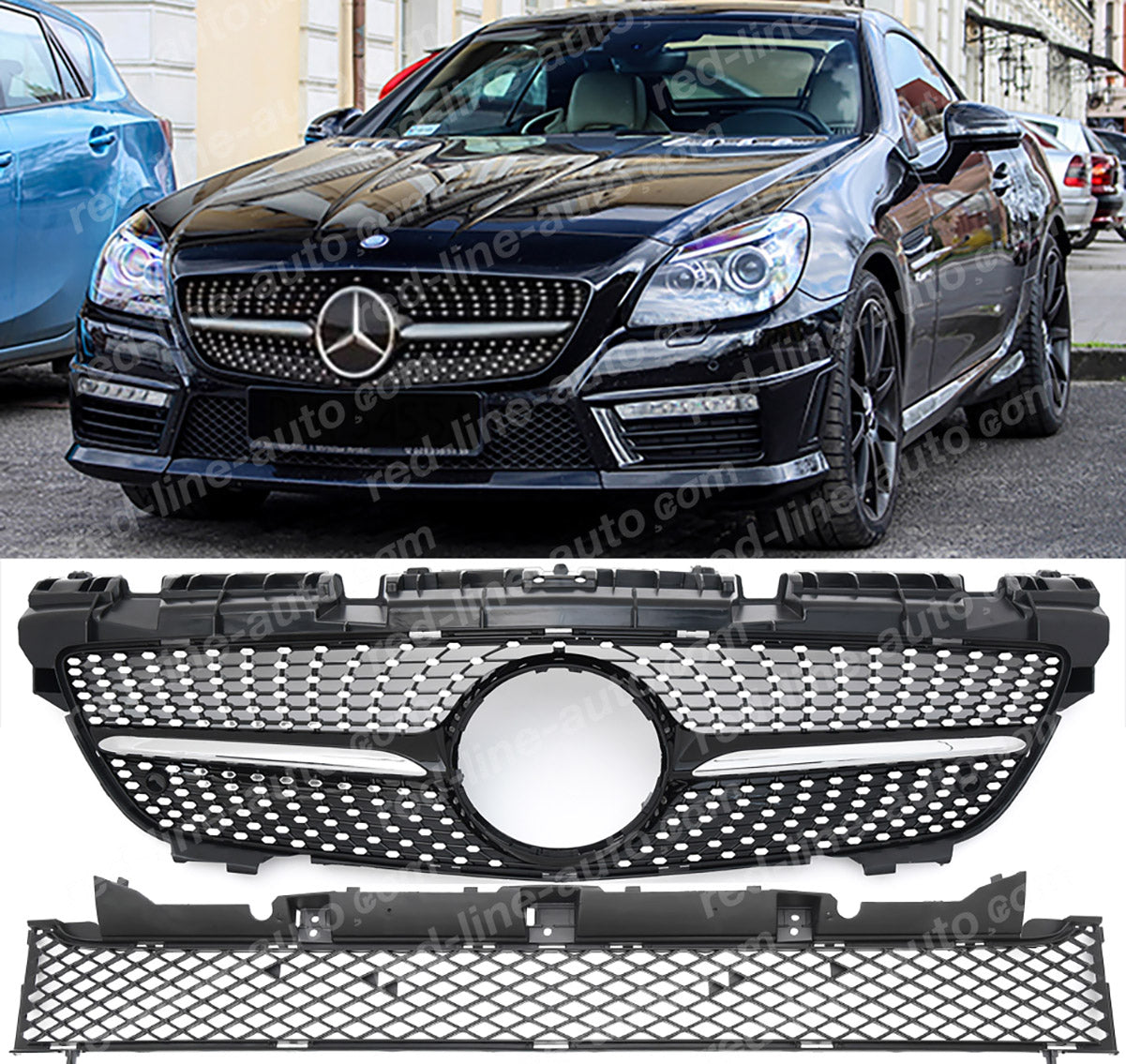 Mercedes R172 SLK Roadster Convertible SLK55 AMG Black Front Grille, Chrome Diamond