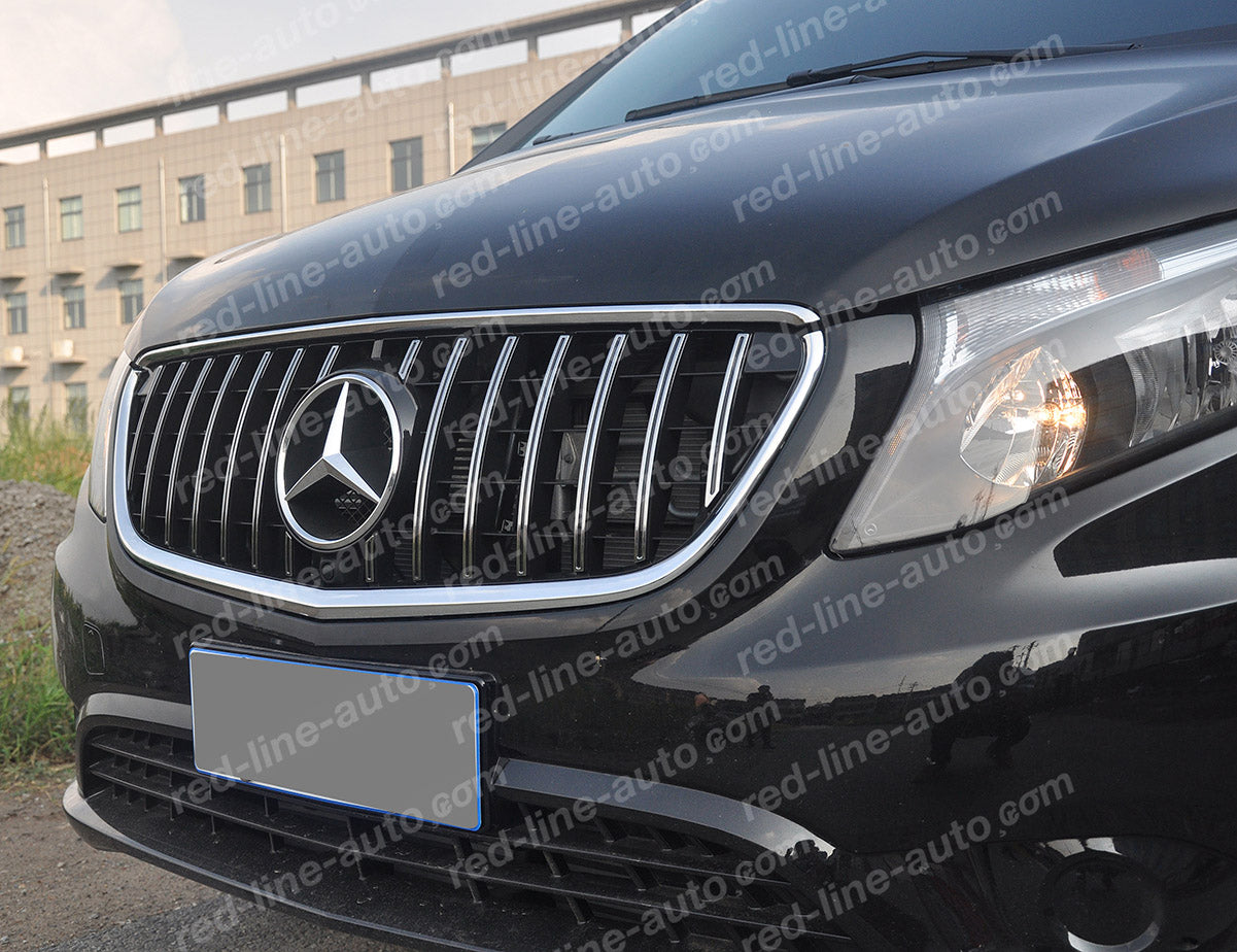 Pre-Facelift Mercedes W447 VITO AMG GT Grille, Black With Chrome Panamericana Slats