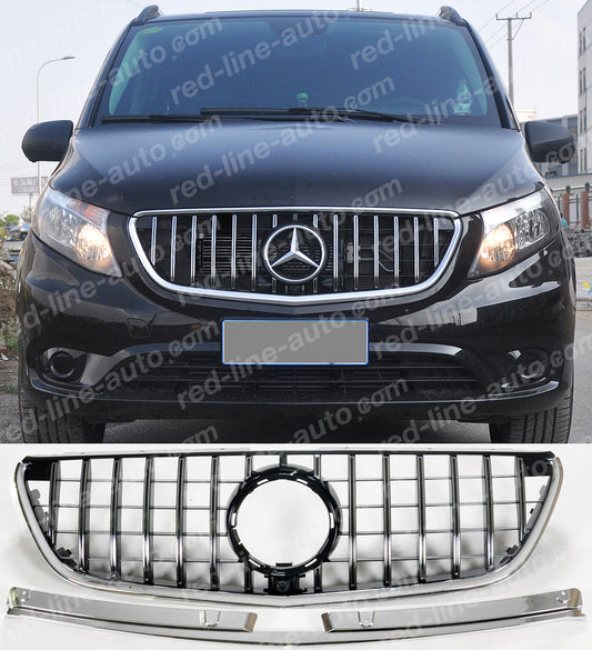 Pre-Facelift Mercedes W447 VITO AMG GT Grille, Black With Chrome Panamericana Slats