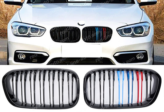 Facelift BMW 1 Series F20 F21 Hatchback M-Power M140i Grille, Black Double-Bar with Tri-Colour