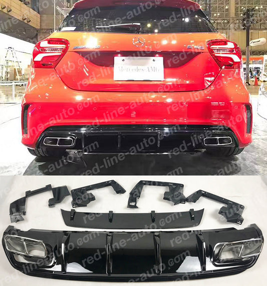 Mercedes W176 A-Class Rear AMG A45 Conversion Aero Kits Canard Splitter Lip Diffuser Quad Exhaust