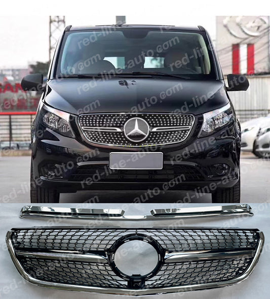 Pre-Facelift Mercedes W447 VITO AMG Black Sport Front Grille, Chrome Diamond