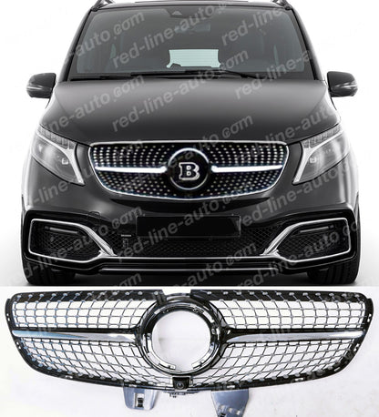 2020+ Facelift Mercedes W447 V-Class MPV Viano Non-AMG Black Front Grille, Chrome Diamond