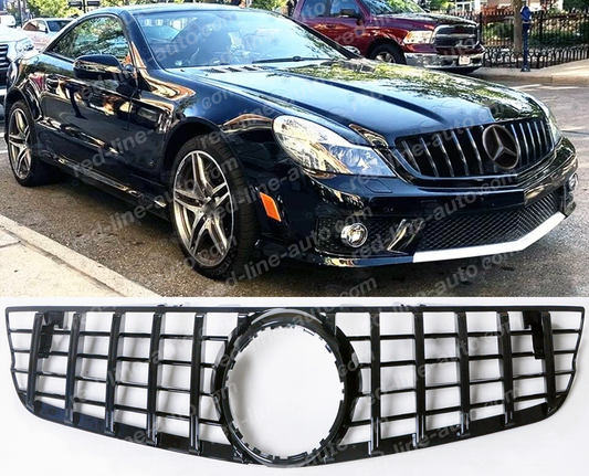 2008+ Facelift Mercedes R230 SL-Class Convertible AMG GT Grille, Full Gloss Black Panamericana