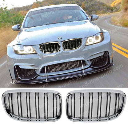 Facelift BMW 3 Series E90 Saloon E91 Estate Double-Bar M-Power Grille, Gloss Black With Chrome Rim