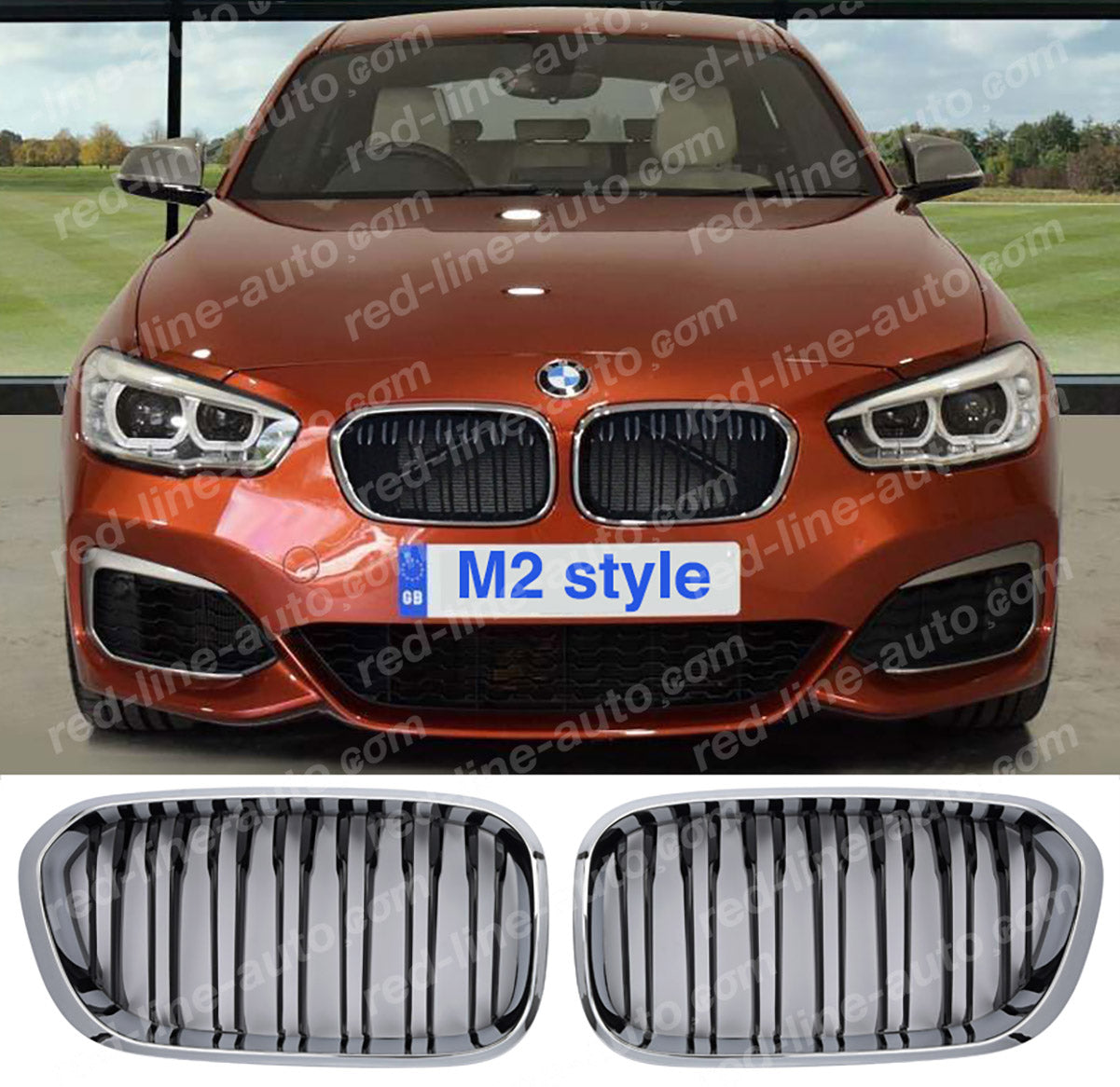 Facelift BMW 1 Series F20 F21 Hatchback Twin-Bar M-Power M140i Grille, Black With Chrome Rim