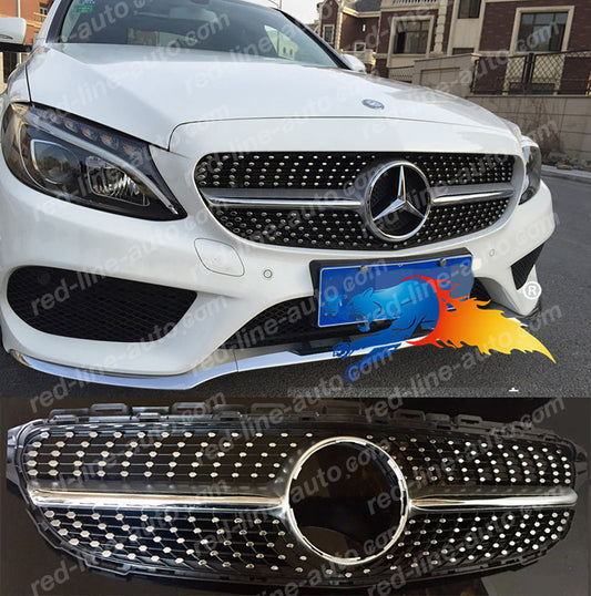 Pre-Facelift Mercedes W205 C-Class S205 C205 A205 Iridium Silver AMG Grille, Chrome Diamond No-Camera