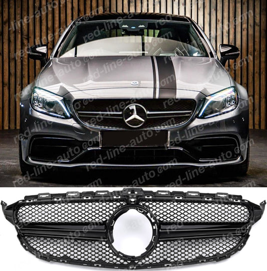 Facelift Mercedes W205 C-Class S205 C205 A205 AMG C63 Grille, Gloss Black Single Louvre With-Camera