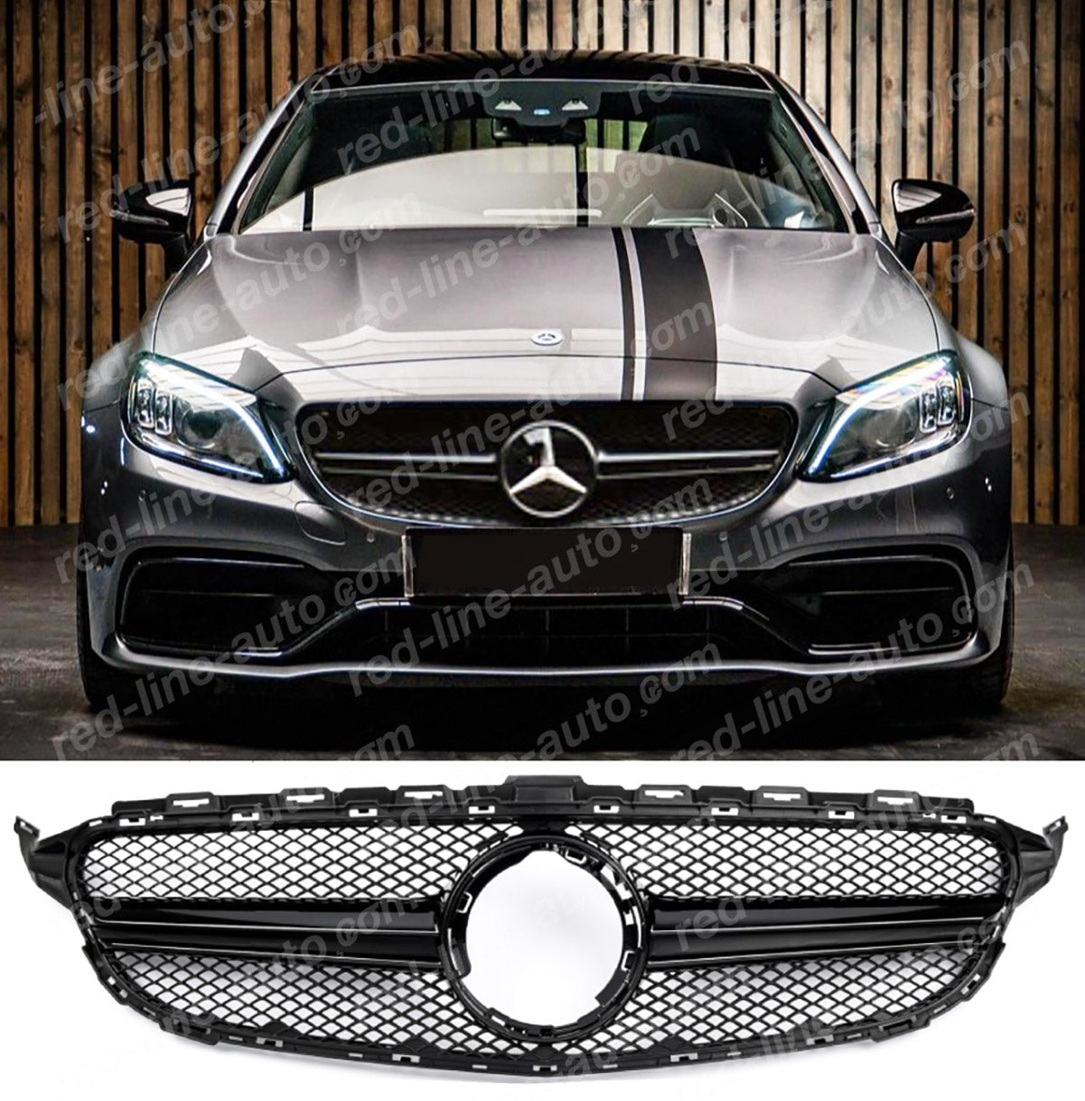 Facelift Mercedes W205 C-Class S205 C205 A205 AMG C63 Grille, Gloss Black Single Louvre No-Camera